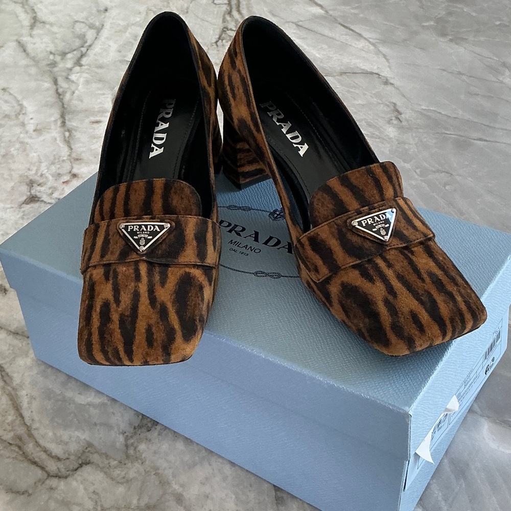 Prada Animal Print Suede Loafers – Block Heel